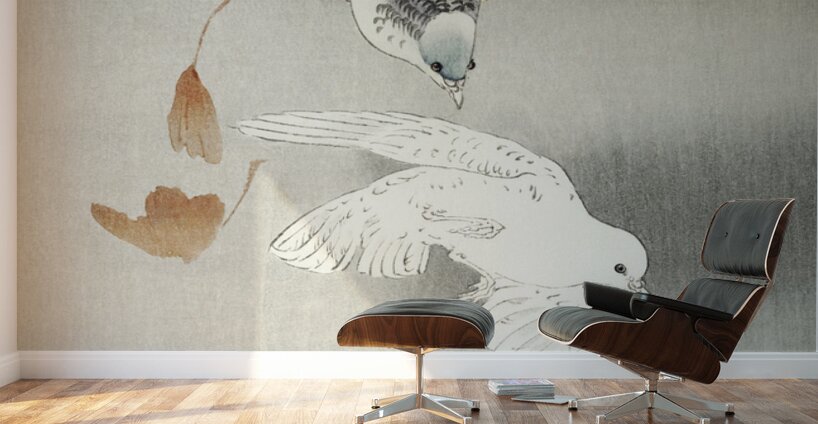 Two pigeons with falling ginkgo leaves 1900 - 1930 by Ohara Koson 1877-1945. Wall Murals