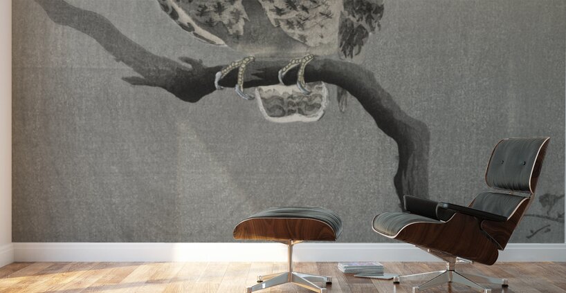 Long-eared owl on bare tree branch 1900 - 1930 by Ohara Koson 1877-1945. Wall Murals