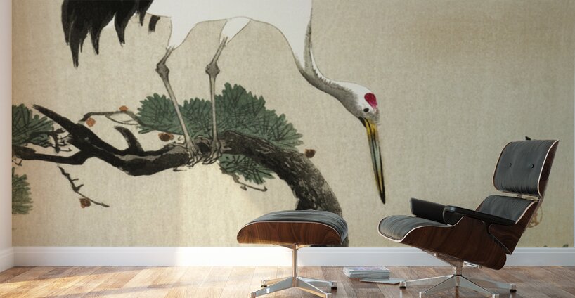 Japanese crane bird on branch of pine 1900 - 1930 by Ohara Koson 1877-1945. Wall Murals