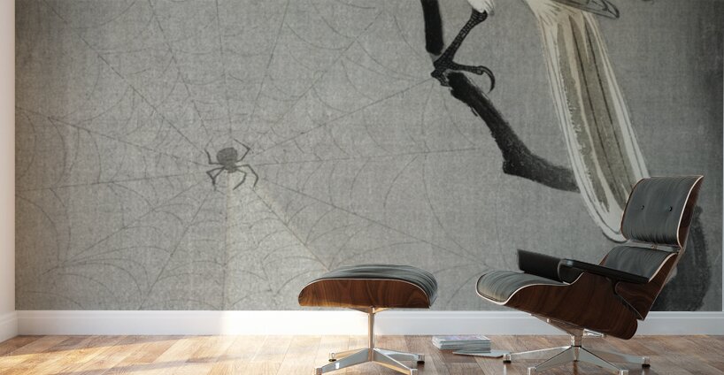 Buffalo wing shrike and spider 1900 - 1930 by Ohara Koson 1877-1945. Wall Murals