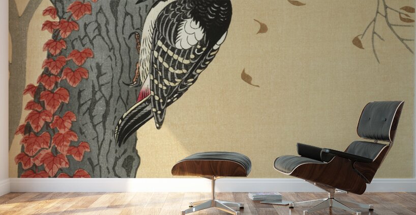 Great spotted woodpecker in tree with red ivy 1925 - 1936 by Ohara Koson 1877-1945. Wall Murals
