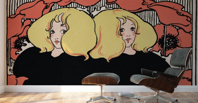 Arabella and Araminta Stories 1895 Art Nouveau poster of twin blonde girls by Ethel Reed.  Wall Murals