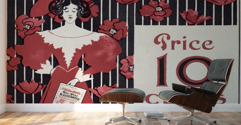 The New Illustrated Magazine 1890–1900 cover of flowers and a fashionably dressed woman holding magazine by Ethel Reed.  Wall Murals