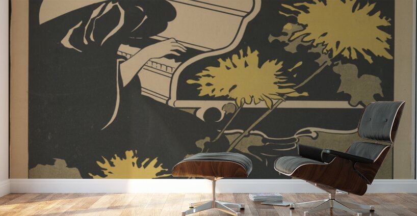 Woman playing piano with art nouveau style chrysanthemum flowers in foreground 1895 print by Ethel Reed. Wall Murals