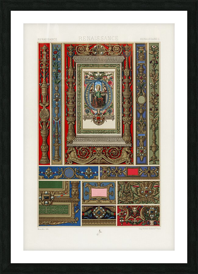 Renaissance pattern. 1888 edition Lornement Polychrome by Albert Racine 1825–1893. Picture Frame print
