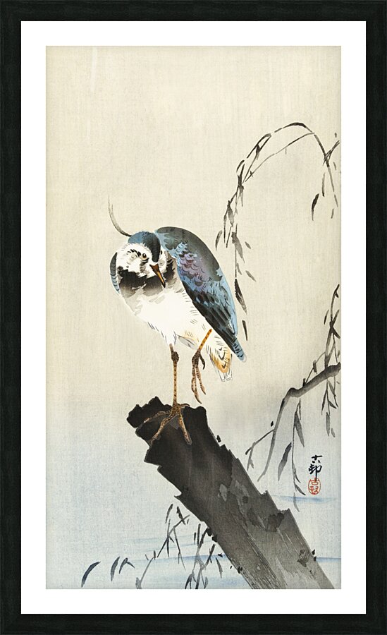 Lapwing on tree stump 1900 - 1930 by Ohara Koson 1877-1945. Picture Frame print