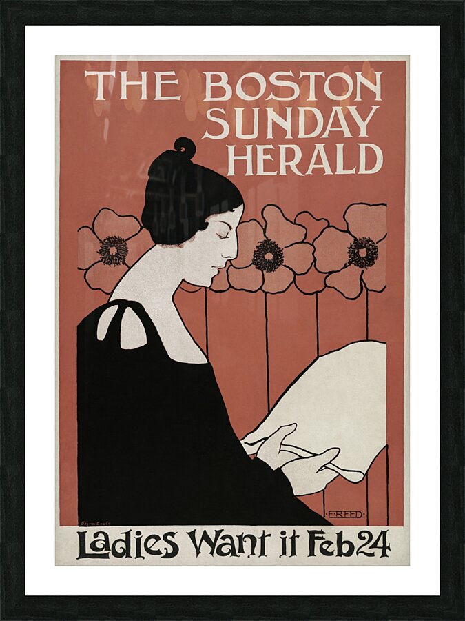 The Boston Sunday Herald 1895–1901 vintage poster of a woman reading a newspaper in art nouveau style by Ethel Reed.  Picture Frame print