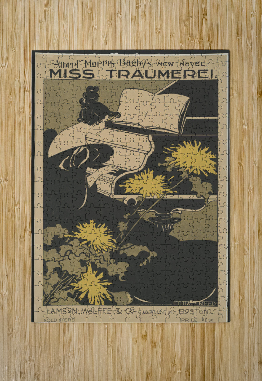 Woman playing piano with art nouveau style chrysanthemum flowers in foreground 1895 print by Ethel Reed. IStockHistory com Puzzle printing