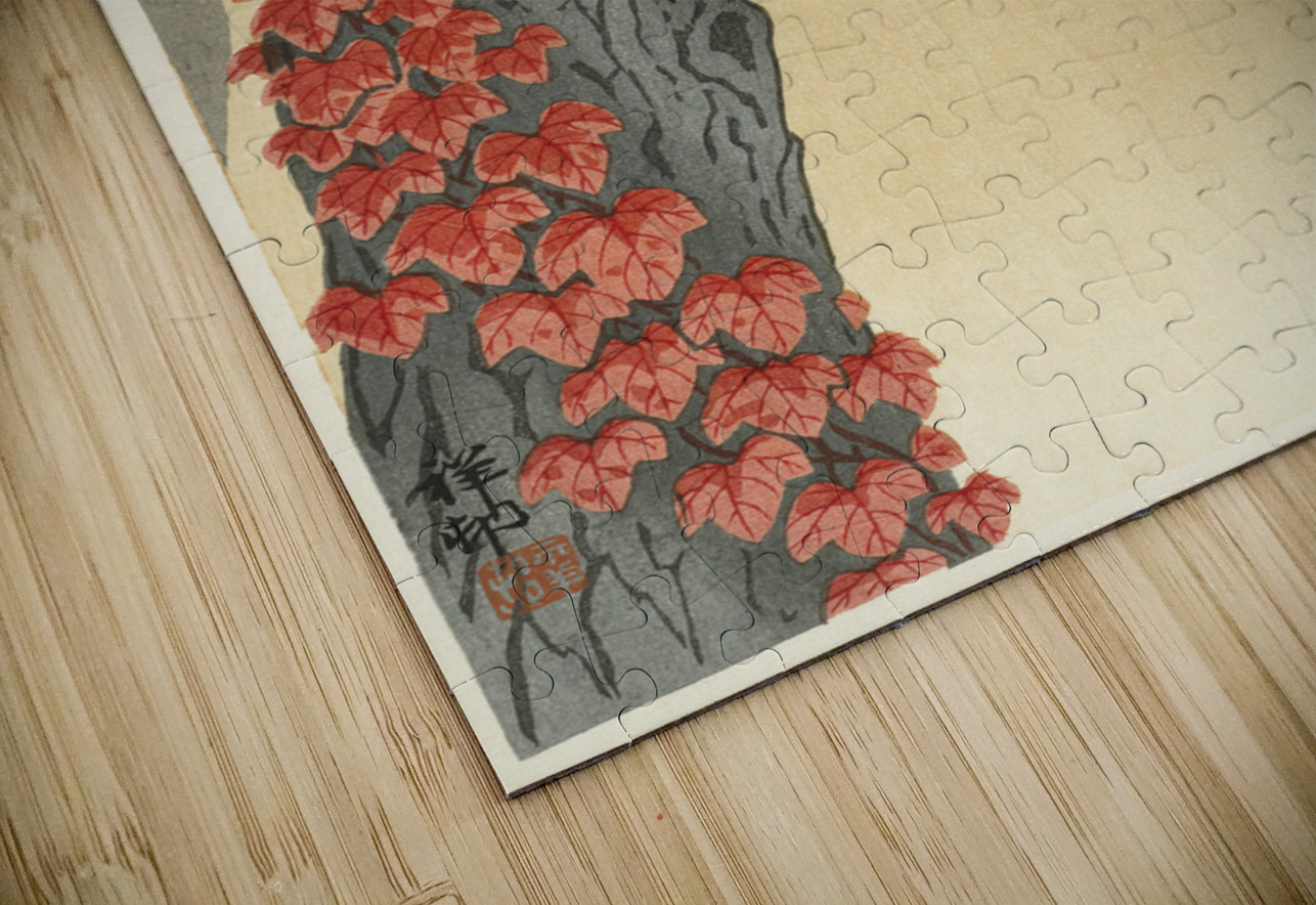 Great spotted woodpecker in tree with red ivy 1925 - 1936 by Ohara Koson 1877-1945. IStockHistory com Puzzle