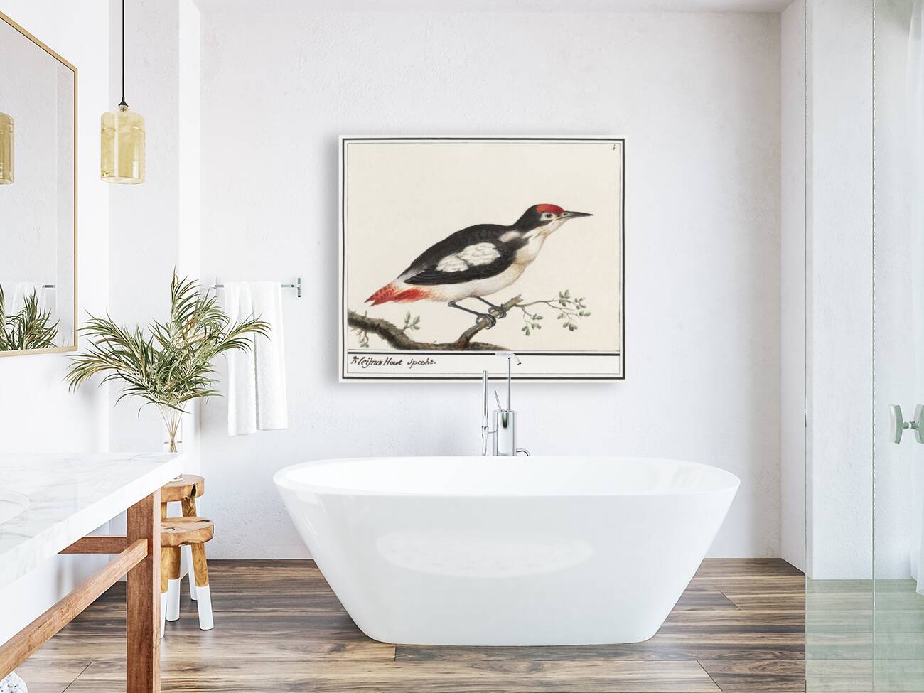 Lesser spotted woodpecker in vintage style Reproduction