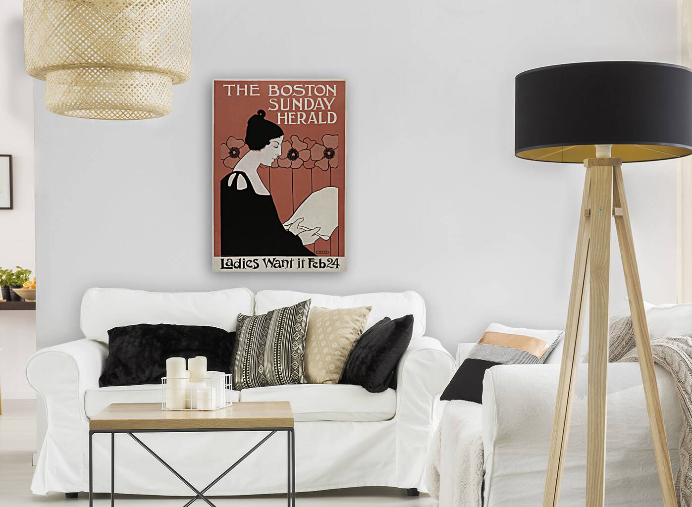 The Boston Sunday Herald 1895–1901 vintage poster of a woman reading a newspaper in art nouveau style by Ethel Reed.  Reproduction