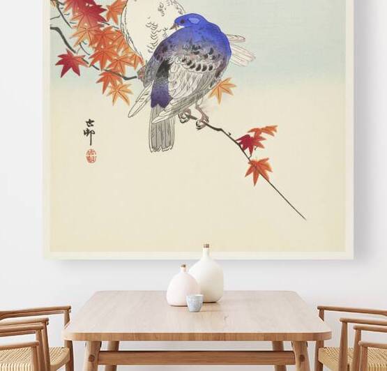 Two pigeons on autumn branch 1900 - 1936 by Ohara Koson 1877-1945. by IStockHistory com