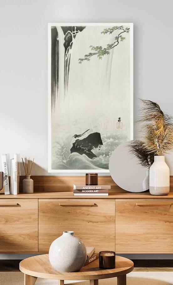 Japanese wagtail at waterfall 1900 - 1930 by Ohara Koson 1877-1945. by IStockHistory com