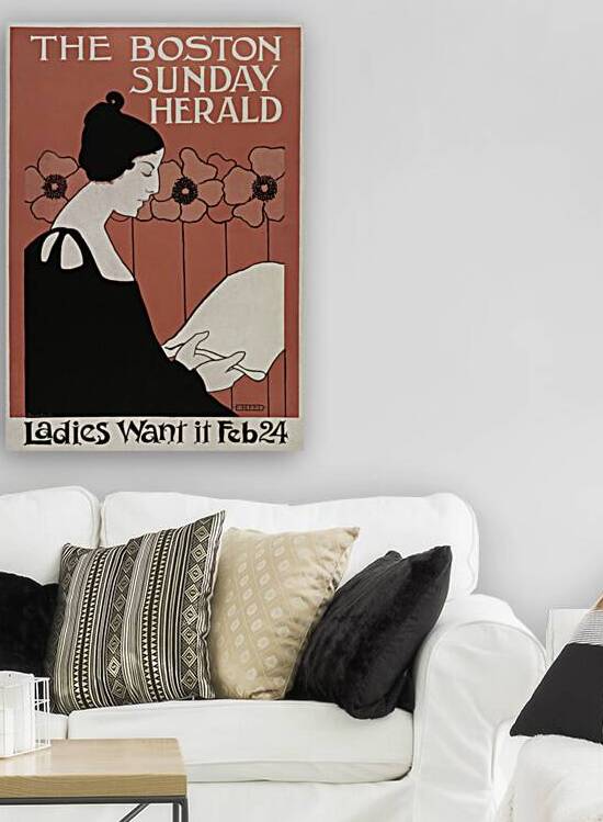 The Boston Sunday Herald 1895–1901 vintage poster of a woman reading a newspaper in art nouveau style by Ethel Reed.  by IStockHistory com