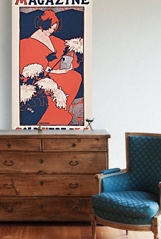 The Penny Magazine 1896 vintage cover of a woman holding a book with chrysanthemum flowers in foreground by Ethel Reed.  by IStockHistory com